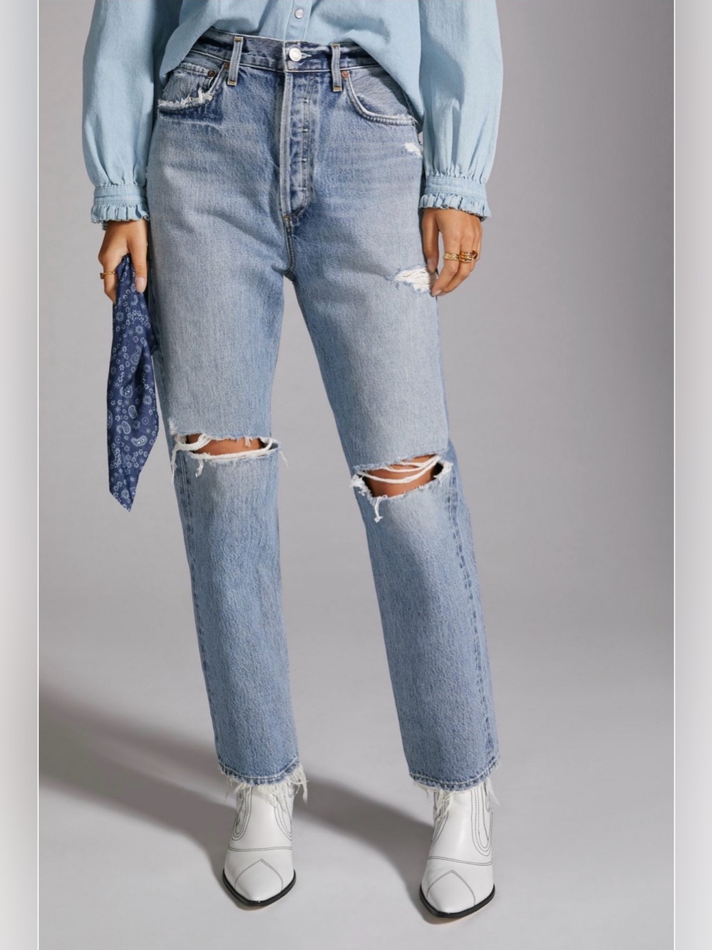 Agolde Light Blue Distressed Straight-Leg Jeans